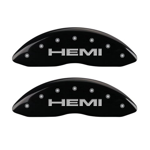 MGP Caliper Covers 'Hemi' 42002SHEMBK Engraved Caliper Cover with Black Powder Coat Finish and Silver Characters, (Set of 4)
