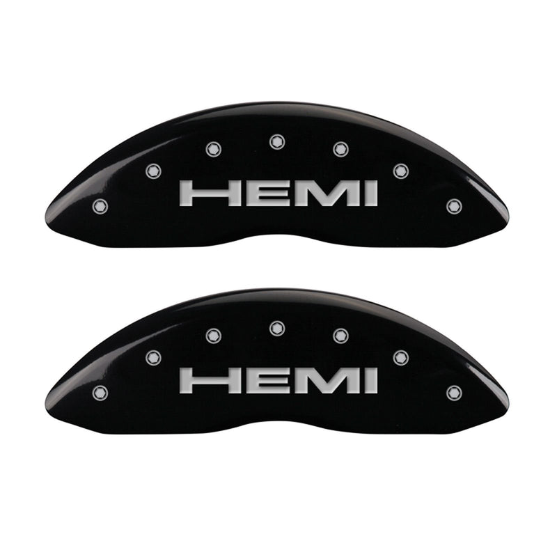 MGP Caliper Covers 'Hemi' 42002SHEMBK Engraved Caliper Cover with Black Powder Coat Finish and Silver Characters, (Set of 4)