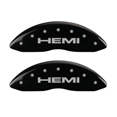 MGP Caliper Covers with Compatible 2011-2018 RAM 1500, 2019-2024 1500 Classic, 2013-23' 1500 Eco Diesel (Fits 18"+ Wheels) Powder-Coated Finish, 4 PCS Front and Rear (Black - Hemi Engraving)