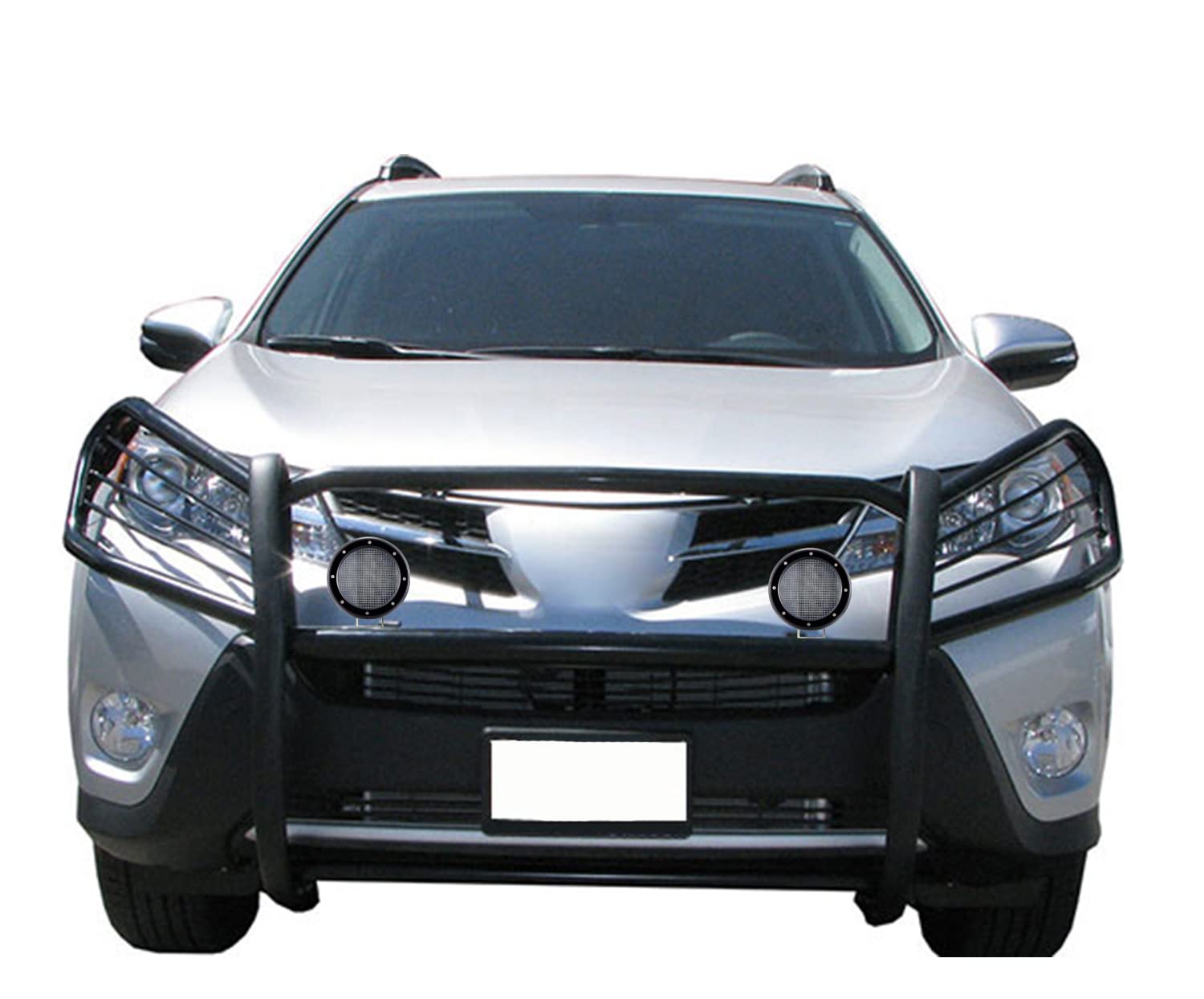 Grille Brush Black Horse Bumper Guard Modular Black Come with Pair of 5.3" Dia.LED Lights with Black Trim Rings Compatible with 2006-2018 Toyota RAV4-17A093902MA-PLFB