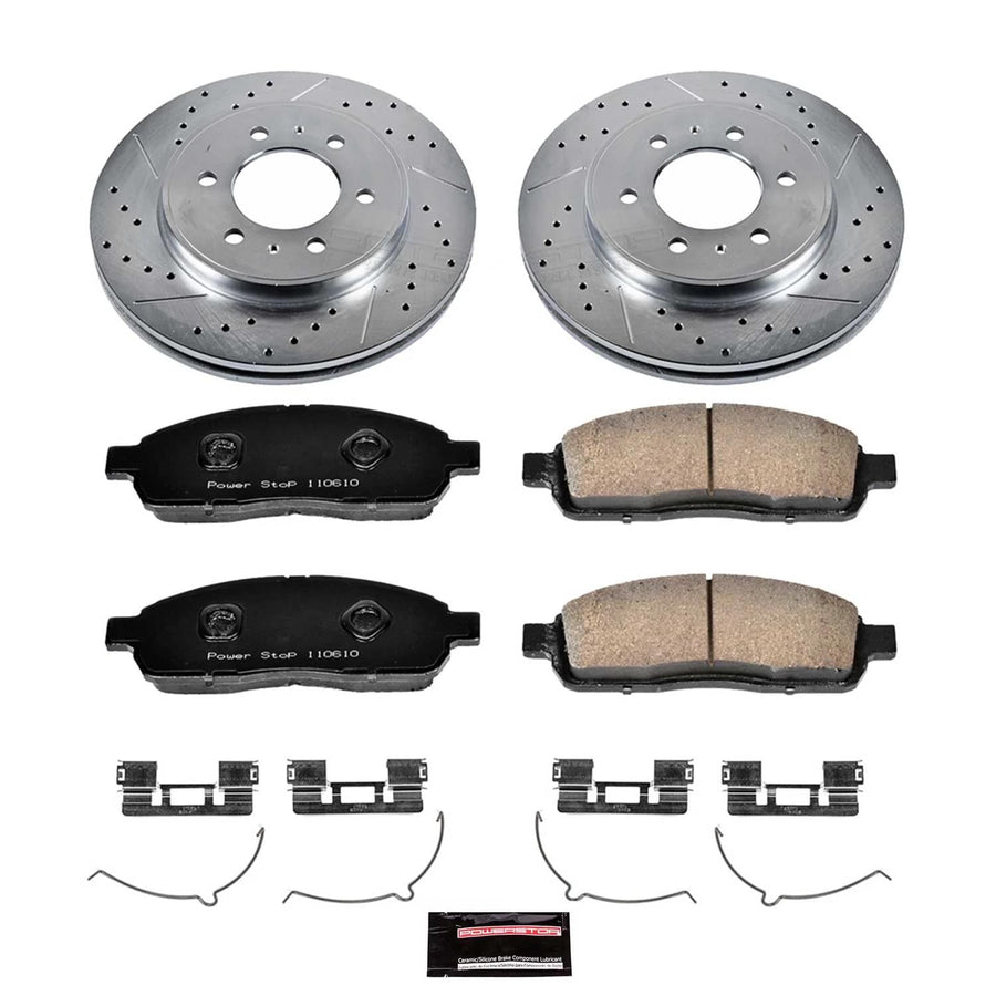 Power Stop K5336 Z23 Carbon Fiber Brake Pads Front with Drilled & Slotted Brake Rotors Kit For Ford F-150 2009 [Model Specific]