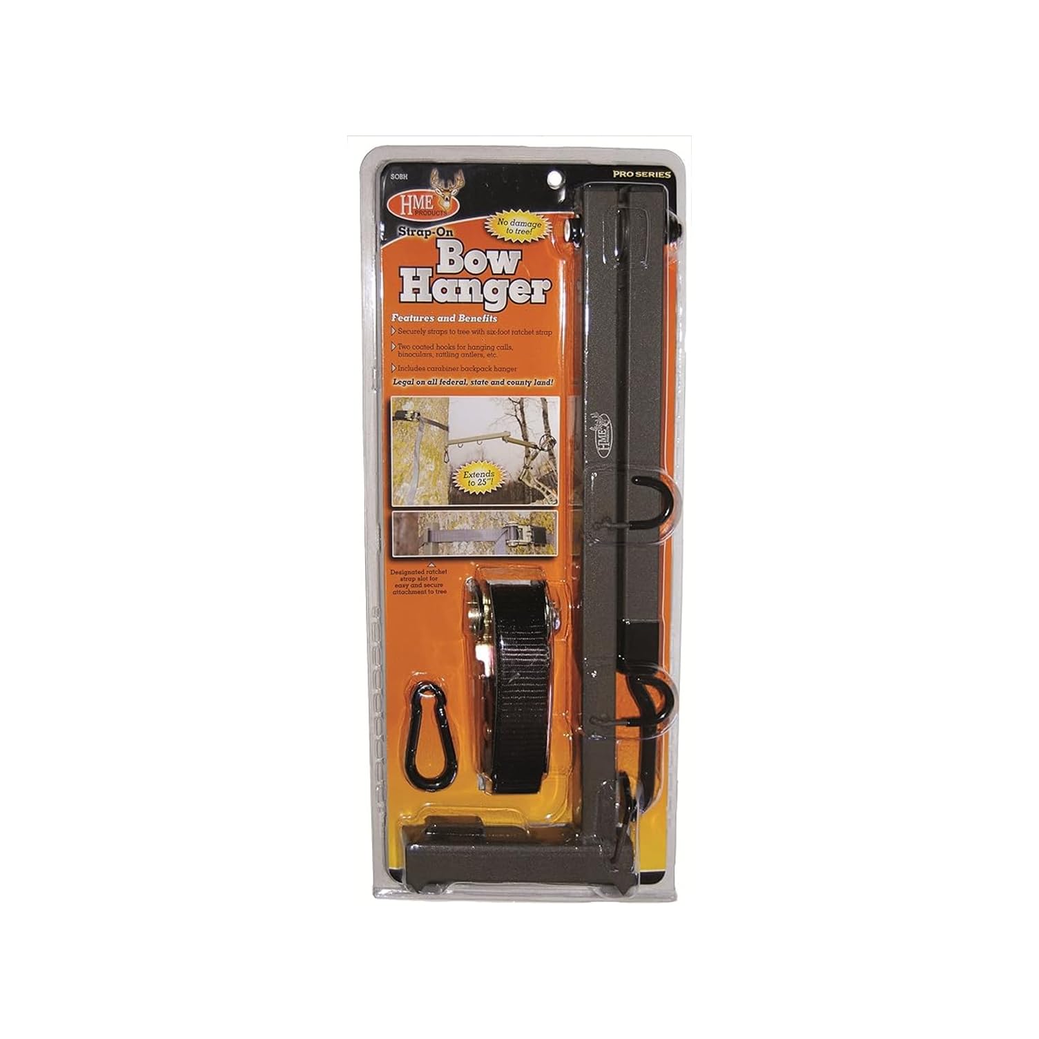 HME Easy-to-Attach Durable Better Tree Stand Bow Hanger Strap-On w/Two Accessory Hooks & Heavy-Duty Ratchet Strap - Extends to 25", 2.10 x 7.00 x 16.00