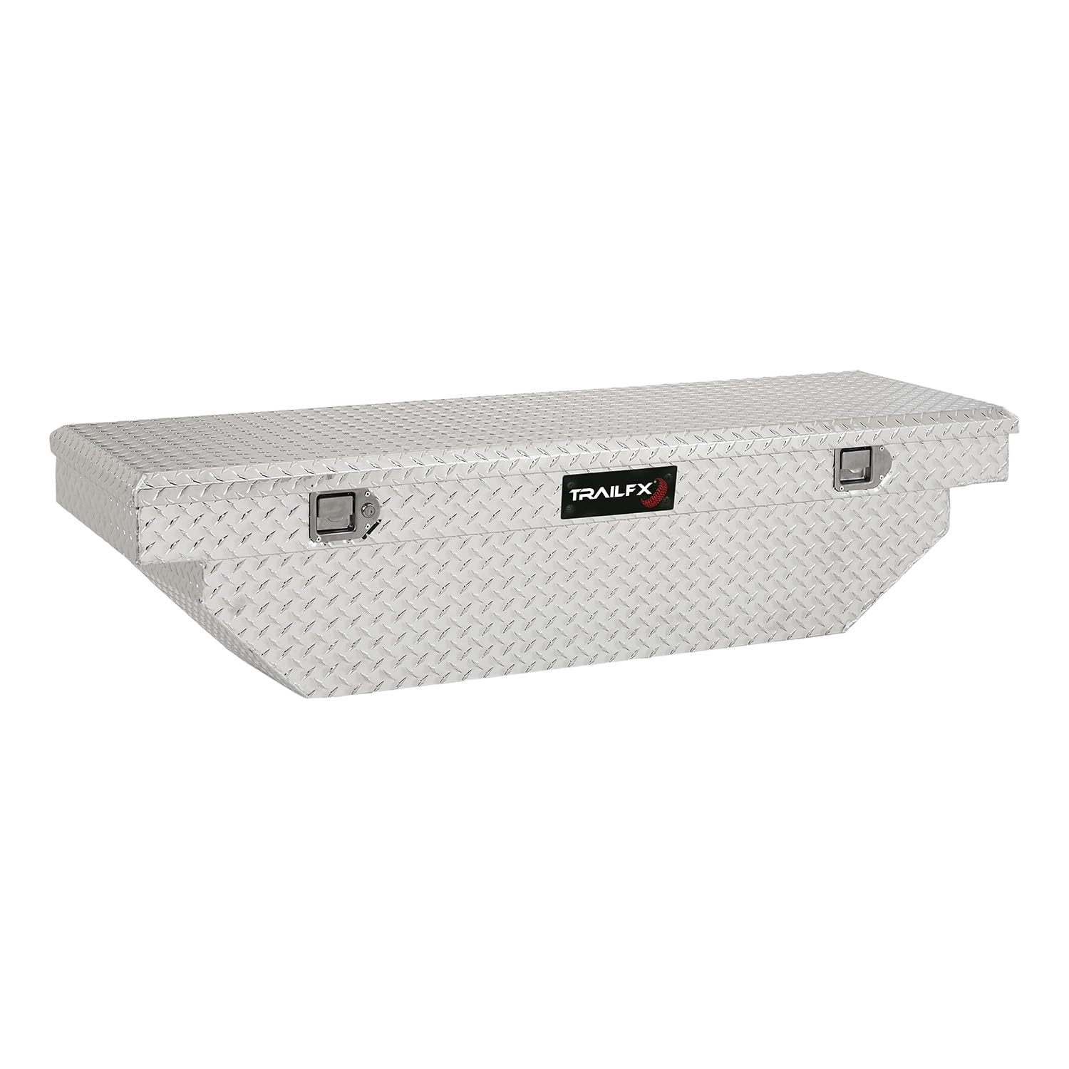 110631 TrailFX Tool Box Crossover Angled Single Lid With Struts Diamond Tread Bright Polished 16 Gauge Aluminum 8 Cubic Foot Capacity With Plastic Tray