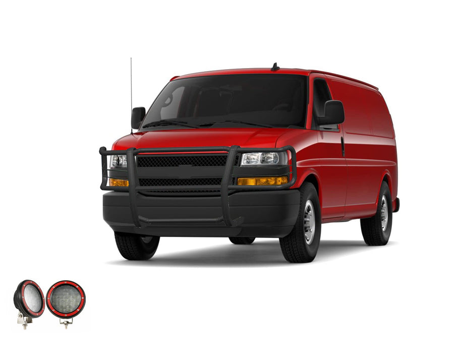 Bumper Guard Modular Black Black Horse Grille brush Come With Pair of 5.3" Dia.LED Lights with Red Trim Rings Compatible with 2015-2024 Chevrolet Express Passenger-17GV02MA-PLFR