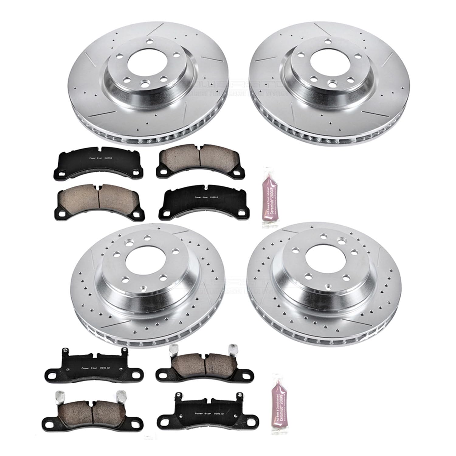 Power Stop K6050 Z23 Carbon Fiber Brake Pads Front and Rear with Drilled & Slotted Brake Rotors Kit and 2 Front & 2 Rear Sensor Wires For Porsche Cayenne 2011-2013 [Model Specific]