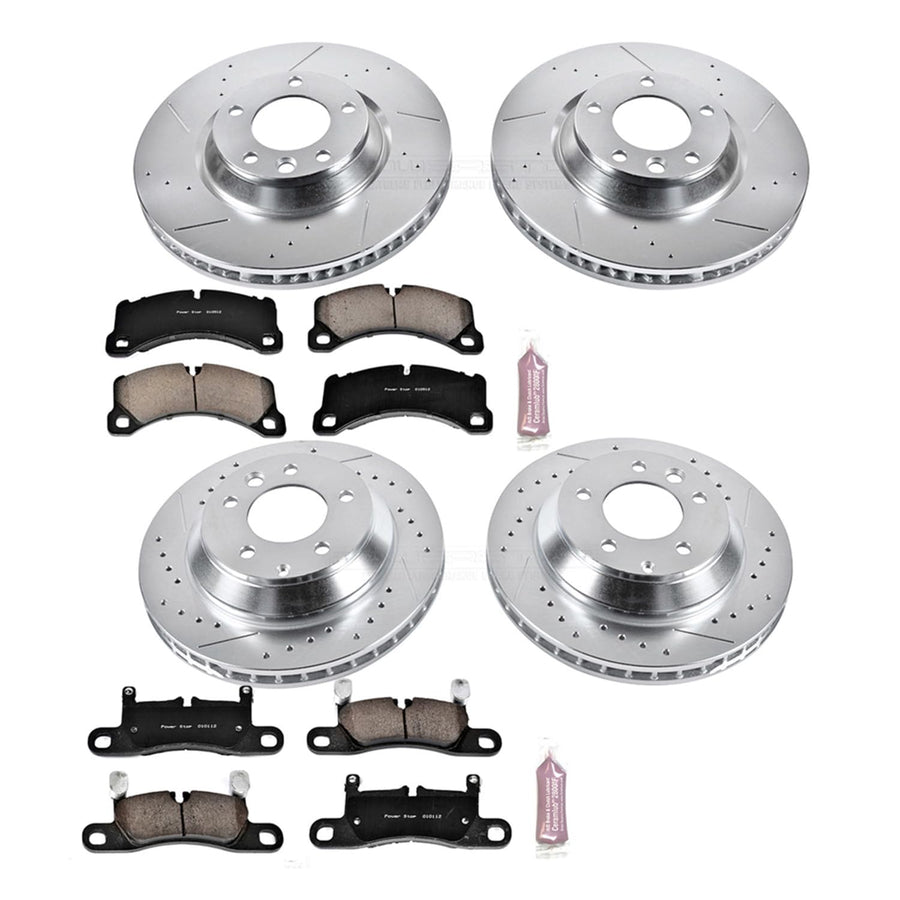 Power Stop K6050 Z23 Carbon Fiber Brake Pads Front and Rear with Drilled & Slotted Brake Rotors Kit and 2 Front & 2 Rear Sensor Wires For Porsche Cayenne 2011-2013 [Model Specific]
