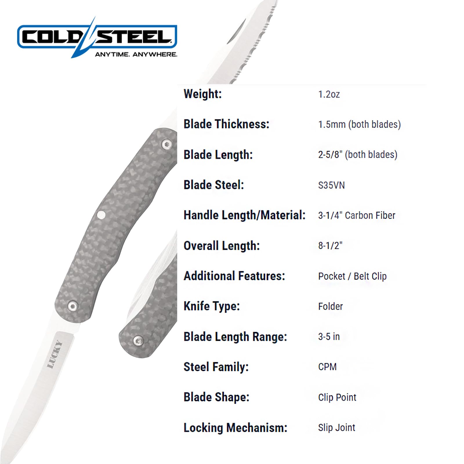 Lucky COLD STEEL Twin 2.625" S35VN Blades 3.25" Carbon Fiber Handle Everyday Carry Compact Pocket Folding Knife w/Slip Joint Lock