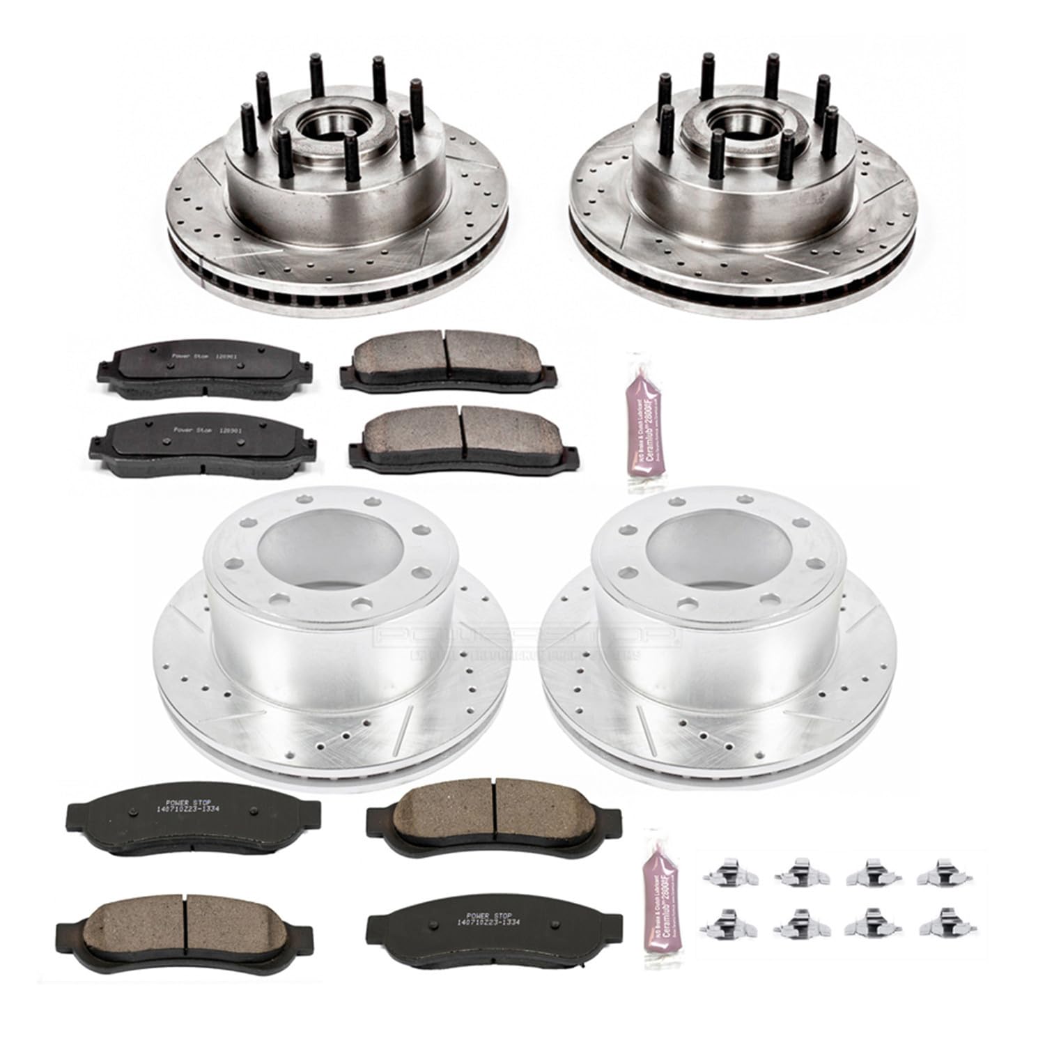 Power Stop K5587 Z23 Carbon Fiber Brake Pads Front and Rear with Drilled & Slotted Brake Rotors Kit For Ford F-350 Super Duty 2010 [Model Specific]