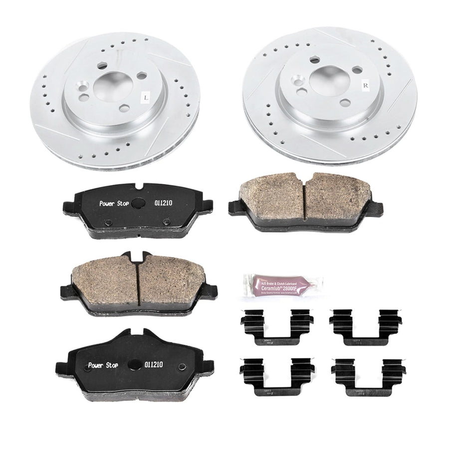 Power Stop K6739 Z23 Carbon Fiber Brake Pads Front with Drilled & Slotted Brake Rotors Kit and 1 Front Sensor Wire For Mini Cooper 2011-2015 [Model Specific]