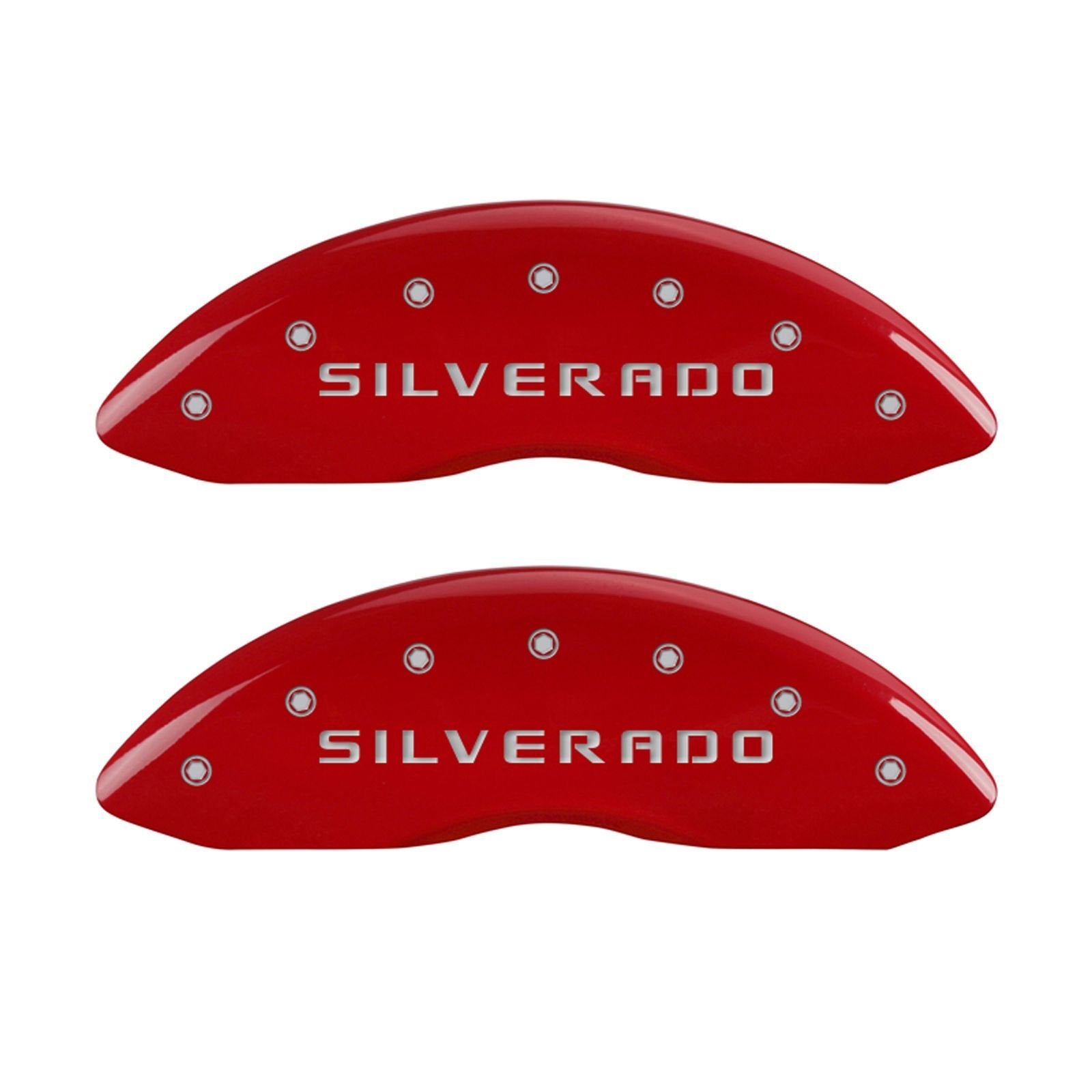 Caliper Covers MGP 14238FSILRD Red Powder Coat Finish Front Cover, Set of 2 (Silverado, Silver Characters, Engraved)