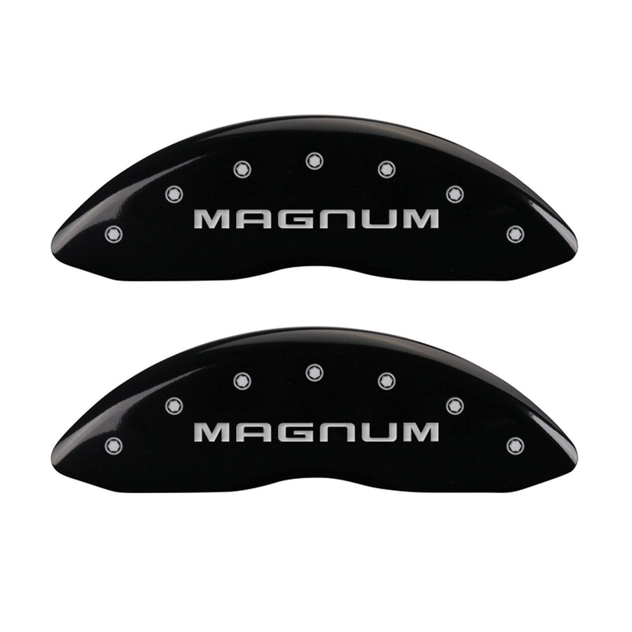 MGP 'MAGNUM' Caliper Covers 12001SMGMBK Engraved Caliper Cover with Black Powder Coat Finish and Silver Characters, (Set of 4)