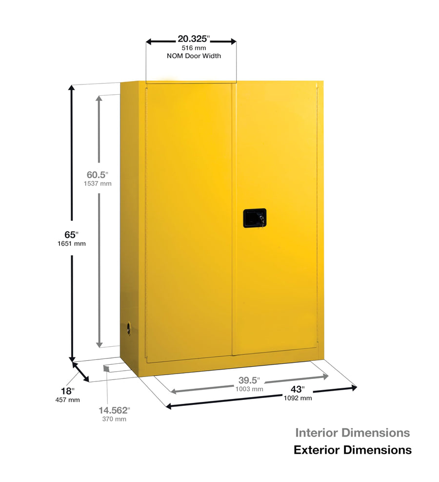 Justrite 45 Gallon Flammable Storage Cabinet Manual Close, 18 Gauge Steel, 2 Shelves, 2 Door Fire Cabinet, 65" x 43" x 18", Made in The USA, Gray, 894503