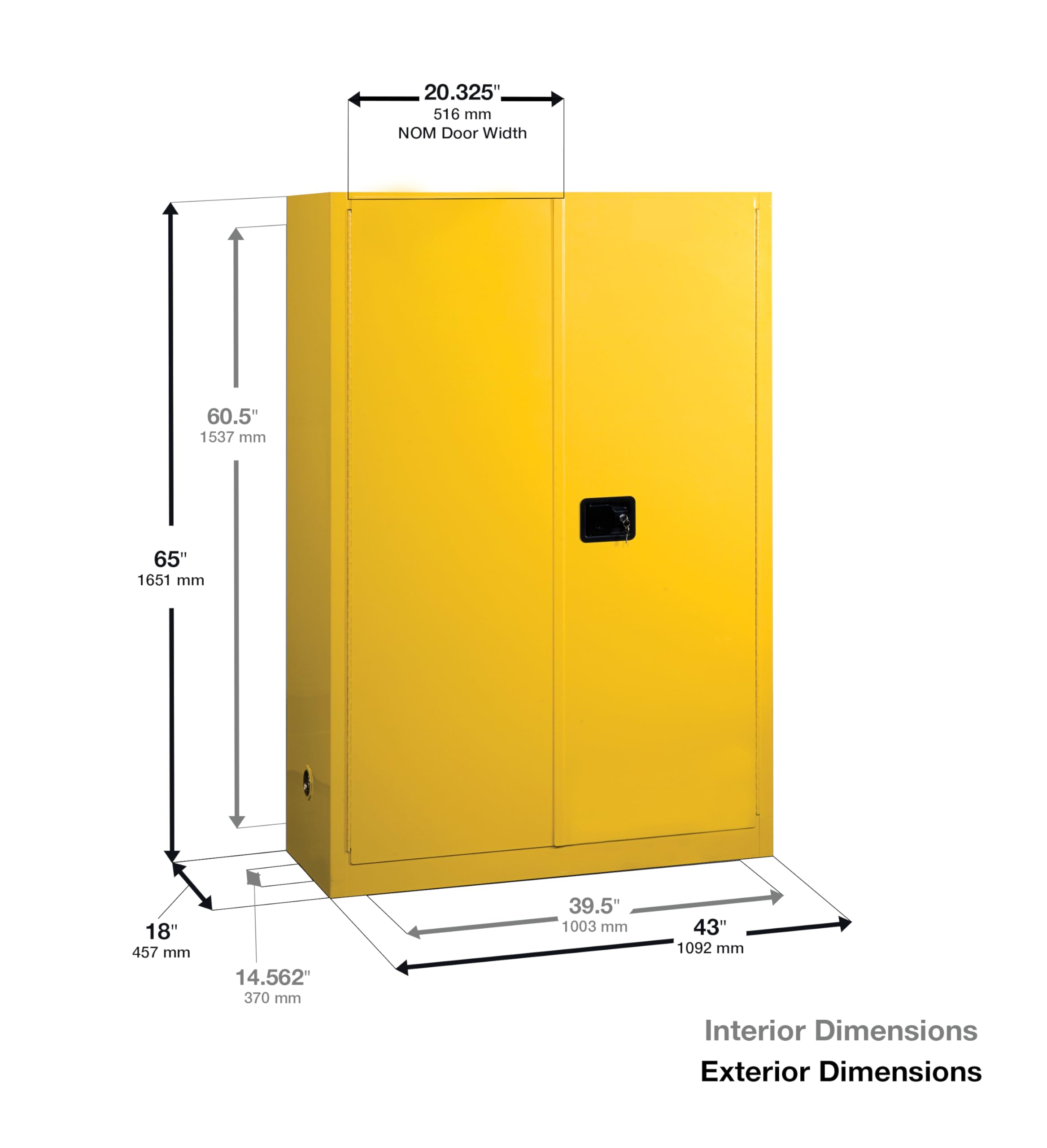 Justrite 45 Gallon Flammable Storage Cabinet Manual Close, 18 Gauge Steel, 2 Shelves, 2 Door Fire Cabinet, 65" x 43" x 18", Made in The USA, Yellow, 894500