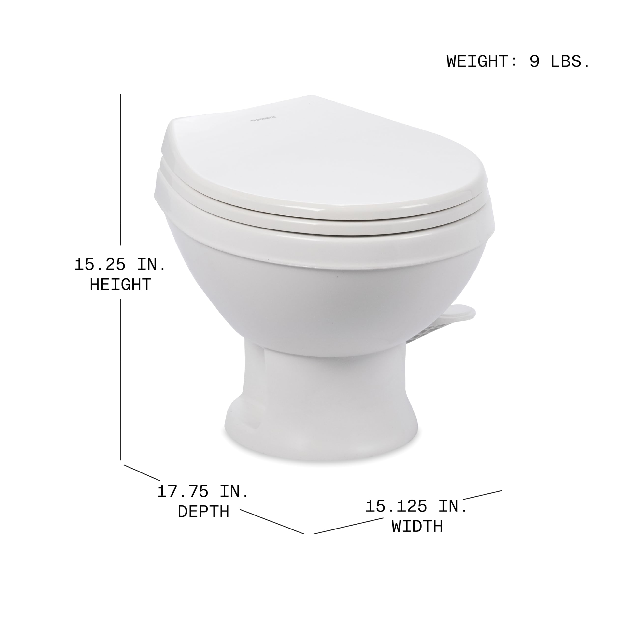 Dometic Model 401 RV Toilet Essential – Heavy-Duty Plastic Bowl, Universal Fit & 2-Bolt Mount, Low-Profile 13–5/8" Seat Height, Gravity Flush Toilet with Soft-Close Seat, White (9610008278)