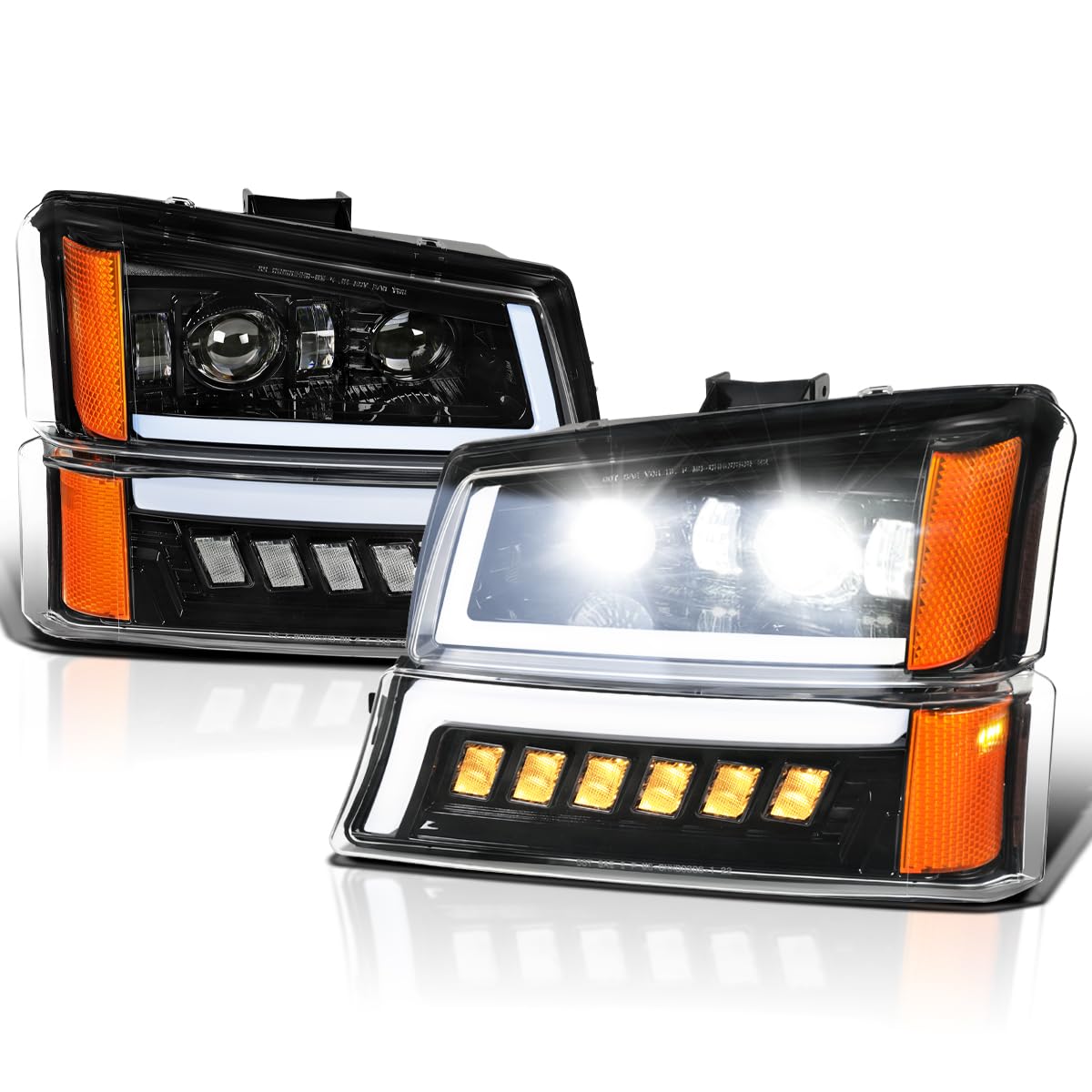 Full LED Jet Black Projector Headlights and Bumper Lights SPEC-D TUNING Compatible with 2003-2007 Chevy Silverado, 2002-2006 Chevy Avalanche, Left + Right Pair Headlamps Assembly