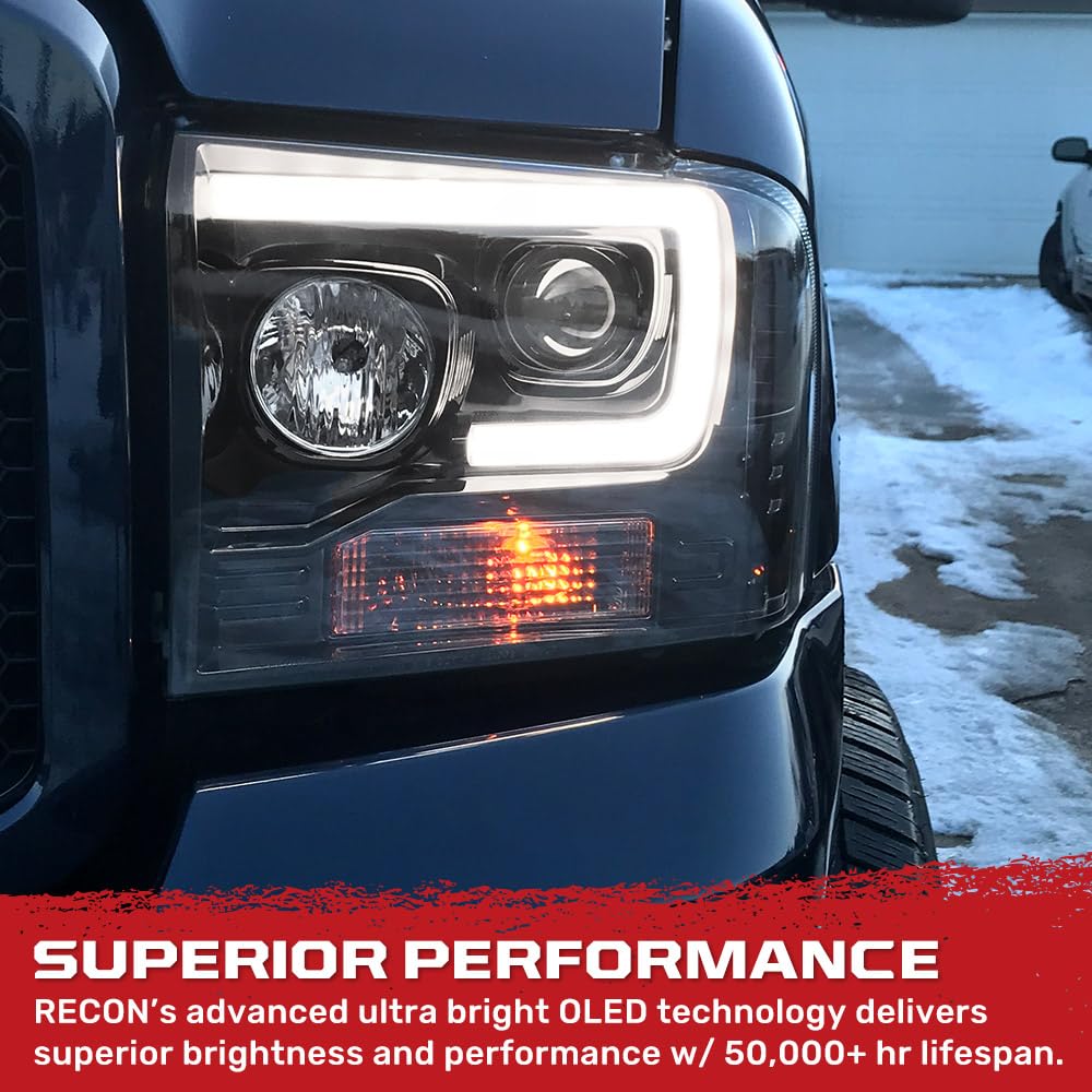 RECON - Projector Headlights Fits 2005-2007 Super Duty (F250 F350 F450 F550) OLED Halos DRL - Smoked Lens