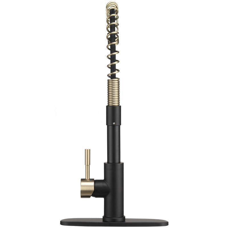 Dura Faucet RV Swivel DF-MK504SLK-MB High-Arc Spring Kitchen Sink Faucet - Single Handle - Kitchen Faucet with Pull-Down Sprayer - Optional Deck Plate (Matte Black/Matte Gold)