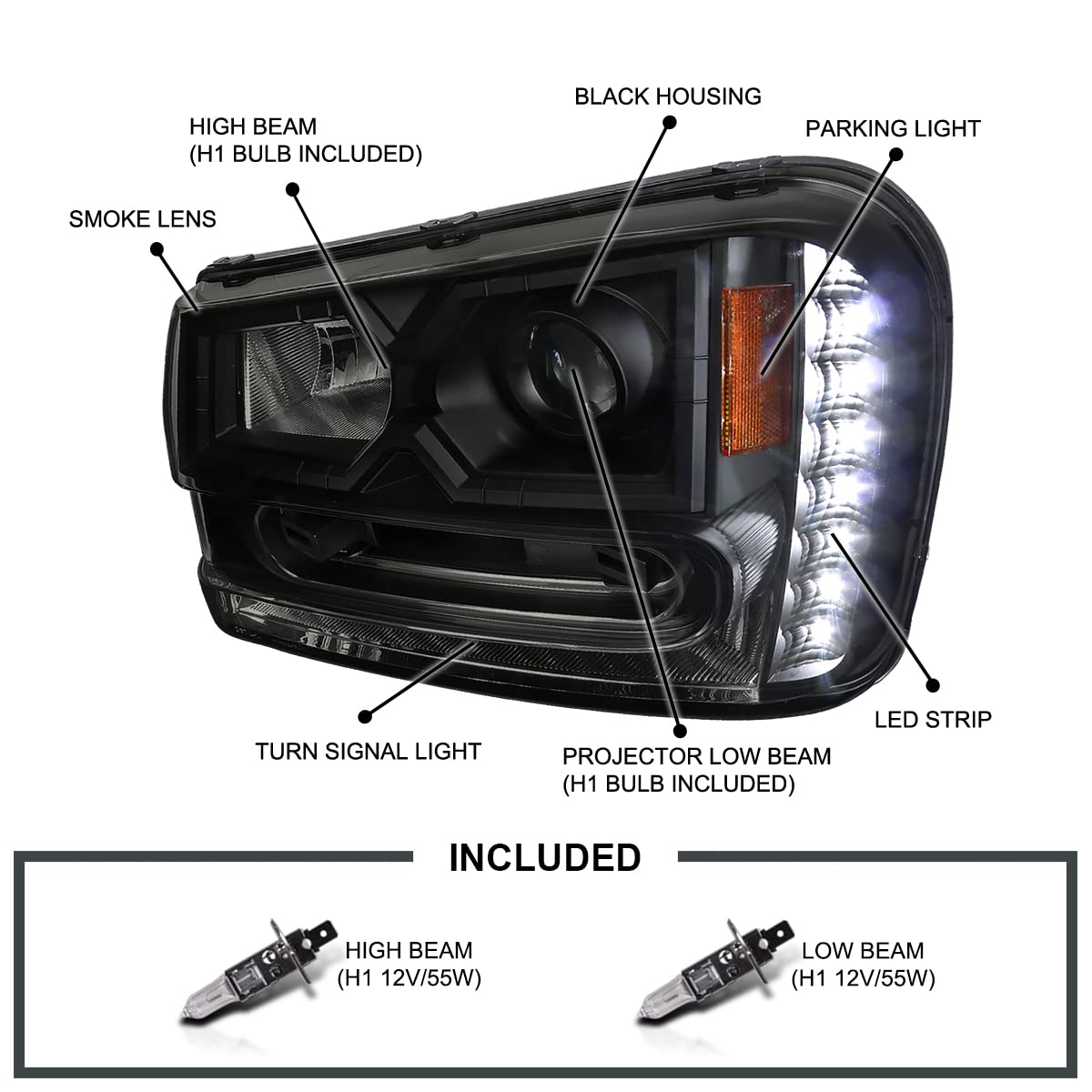 Black Smoke SPEC-D TUNING Projector Headlights w/LED Compatible with 2002-2009 Chevy Trailblazer, Left + Right Pair Headlamps Assembly