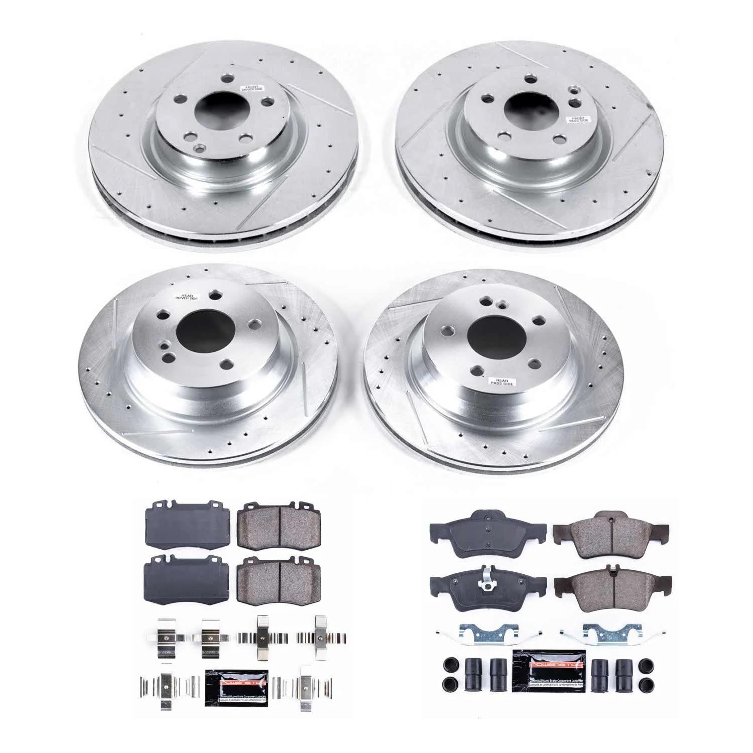 Power Stop K6598 Z23 Carbon Fiber Brake Pads Front and Rear with Drilled & Slotted Brake Rotors Kit and 2 Front & 1 Rear Sensor Wires For Mercedes-Benz CLS500 2006 [Model Specific]