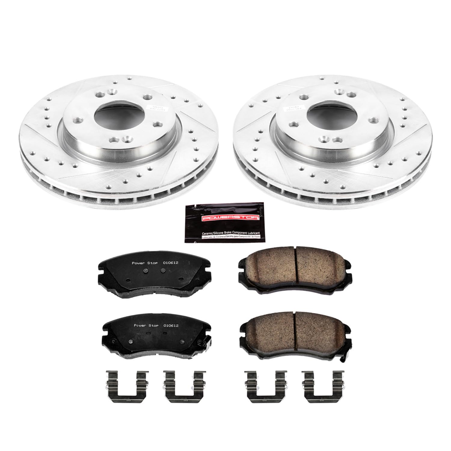 Power Stop K5291 Z23 Carbon Fiber Brake Pads Front with Drilled & Slotted Brake Rotors Kit For Hyundai Elantra 2007-2010 [Model Specific]