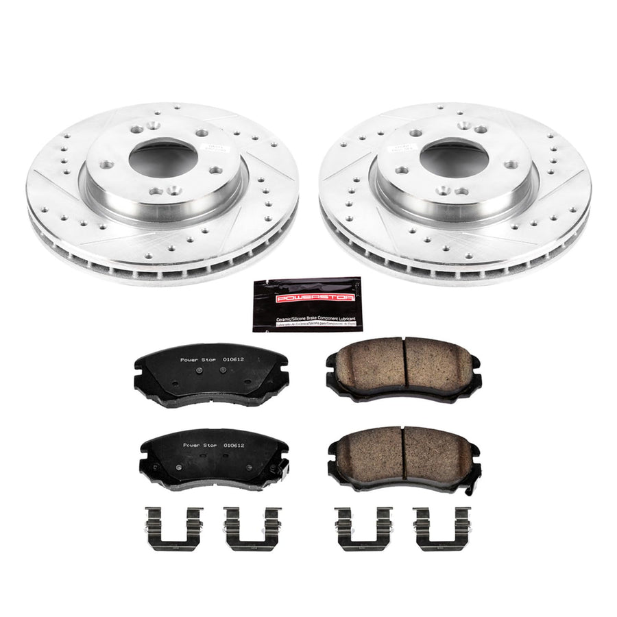Power Stop K5291 Z23 Carbon Fiber Brake Pads Front with Drilled & Slotted Brake Rotors Kit For Hyundai Elantra 2007-2010 [Model Specific]