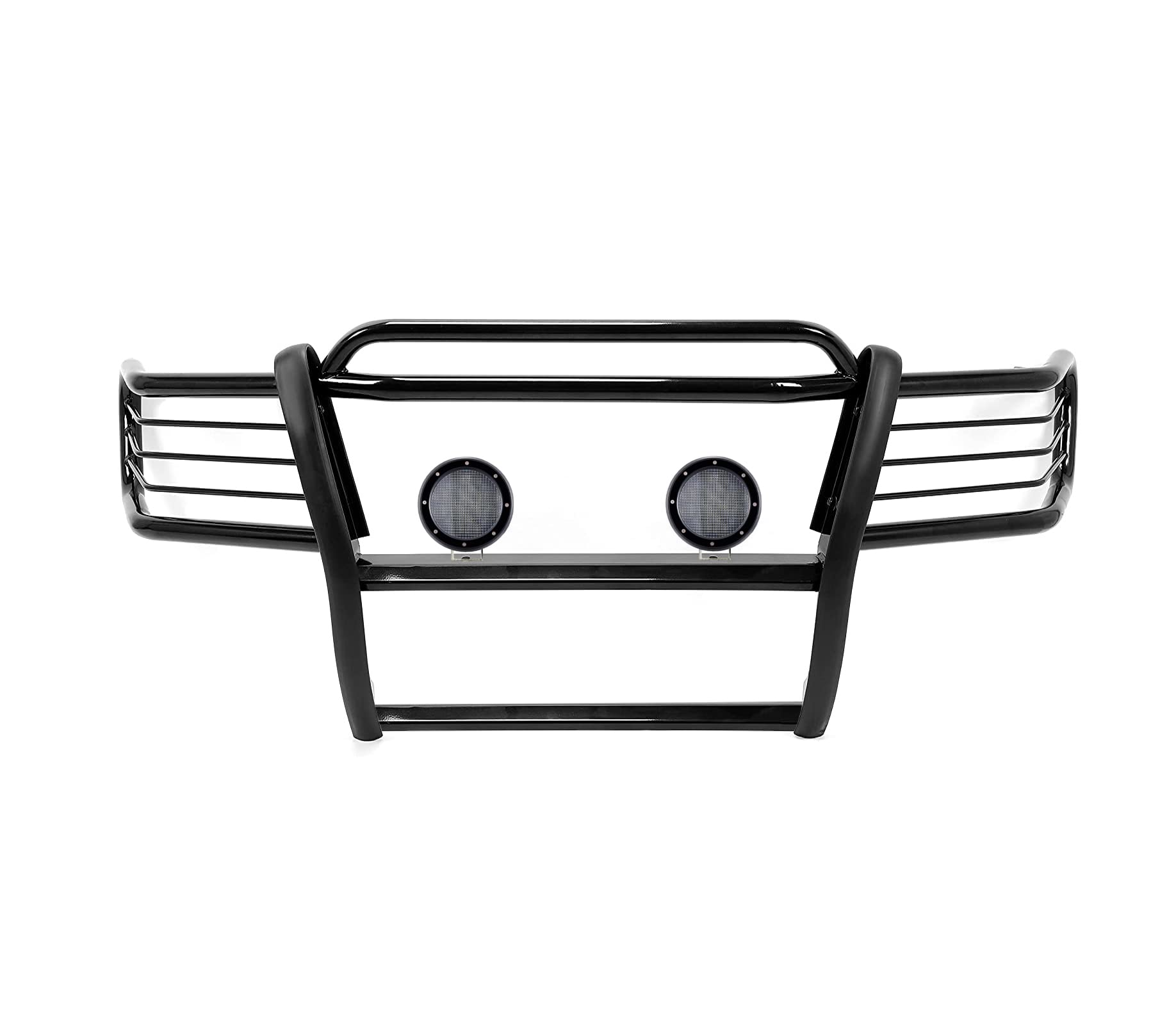 Grille Brush Black Horse Bumper Guard Modular Come with Pair of 5.3" Dia.LED Lights with Black Trim Rings Compatible with 1999-2004 Jeep Grand Cherokee-17EB26MA-PLFB