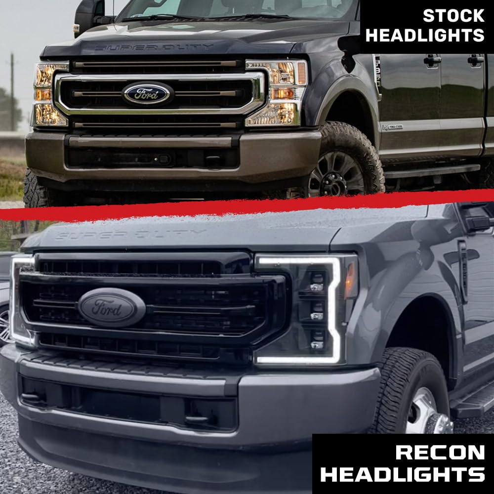 RECON - Full LED Projector Headlights Fits 2017-2019 Super Duty (F250 F350 F450) OLED DRL & Scanning Switchback LED Turn Signals (Replaces OEM Halogen Style Headlights) - Smoked Lens