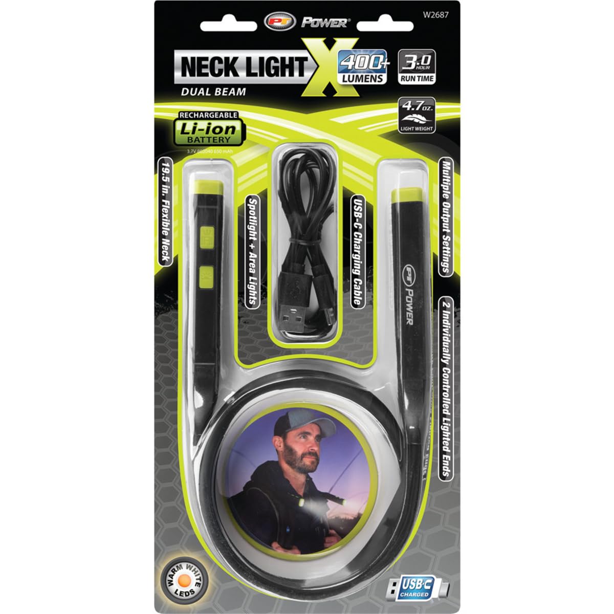 W2687 Performance Tool 400+LM Li-Ion Neck Light: 2 Flex Adjustable Lighted Ends, Spotlight and Multi-Color Ambient Modes, 650mAH, 3 Hour Operation, 19.5-in Length, USB-C, Hands-Free, Black