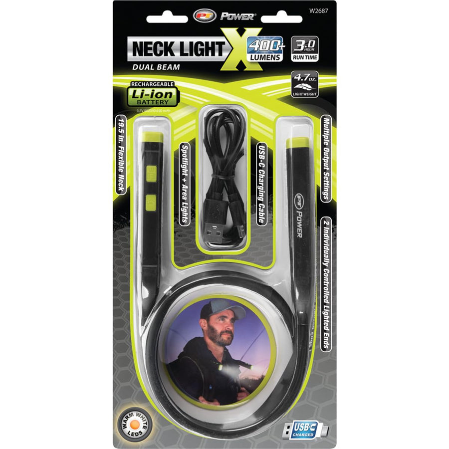 W2687 Performance Tool 400+LM Li-Ion Neck Light: 2 Flex Adjustable Lighted Ends, Spotlight and Multi-Color Ambient Modes, 650mAH, 3 Hour Operation, 19.5-in Length, USB-C, Hands-Free, Black