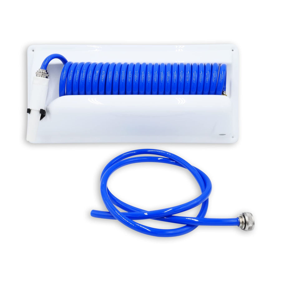 T-H Marine Coiled Hose Washdown System - 25' Wash Down Hose, Nozzle, Holder, 5' Supply Hose, and Brass Fittings - Kink Free Design and Compact Storage - Blue