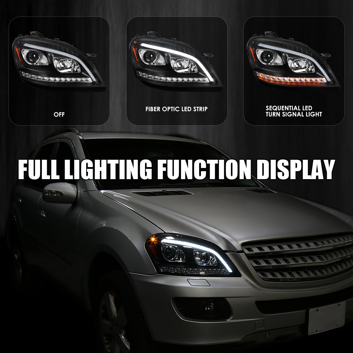 Black Projector Headlights w/LED Sequential Signal SPEC-D TUNING Compatible with 2006-2008 Mercedes Benz W164 ML350 ML500 ML-Class, Left + Right Pair Headlamps Assembly