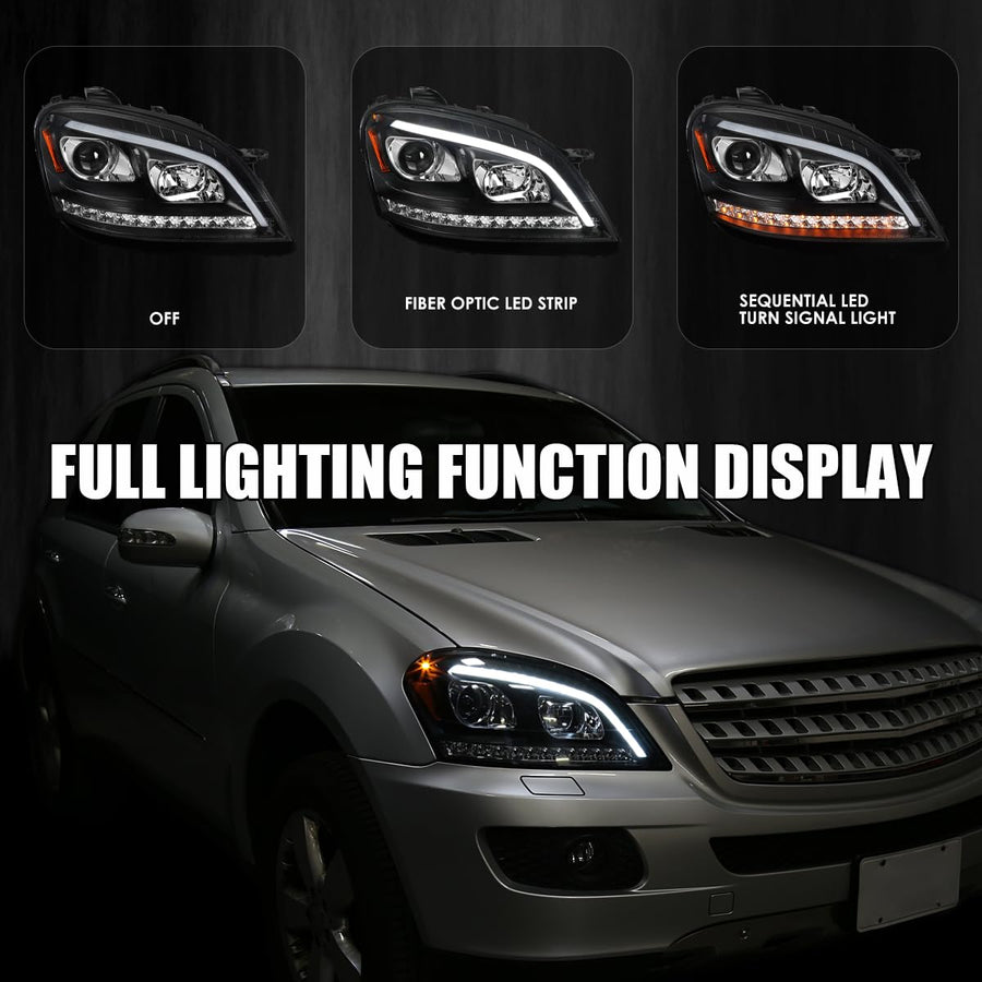 Black Projector Headlights w/LED Sequential Signal SPEC-D TUNING Compatible with 2006-2008 Mercedes Benz W164 ML350 ML500 ML-Class, Left + Right Pair Headlamps Assembly