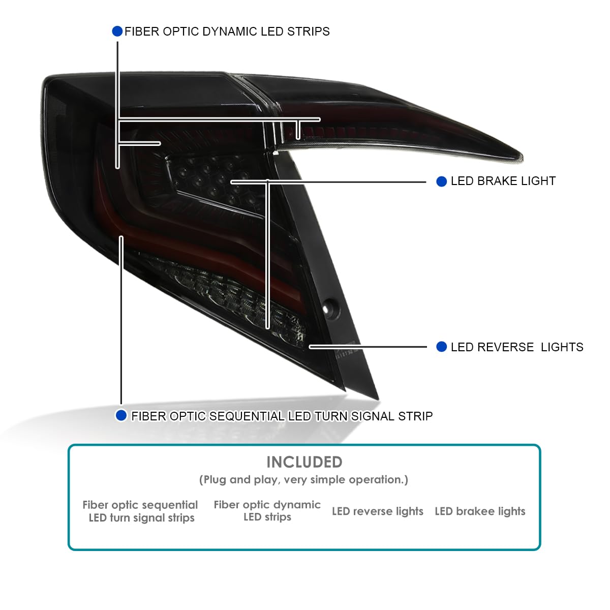 Glossy Black Smoke SPEC-D TUNING Tail Lights w/Red LED Strips, Sequential LED Turn Signal, and Startup Animation Compatible with 2016-2021 Honda Civic 4-Door Sedan, Left + Right Pair Assembly