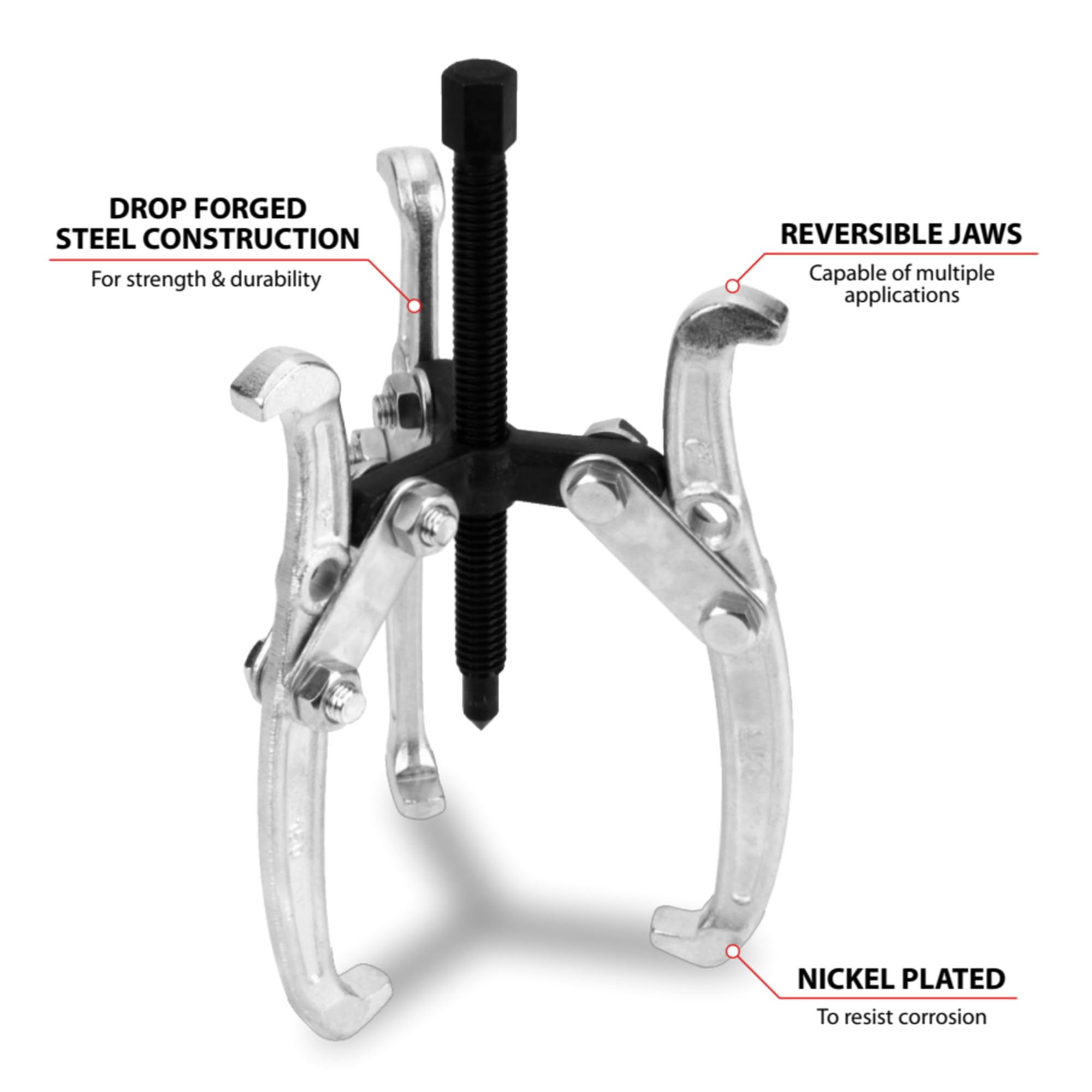 W137P Performance Tool 6-Inch 3-Jaw Gear Puller with Reversible Design for Vehicle Maintenance and Repair, Drop-Forged Steel, Chrome Plating