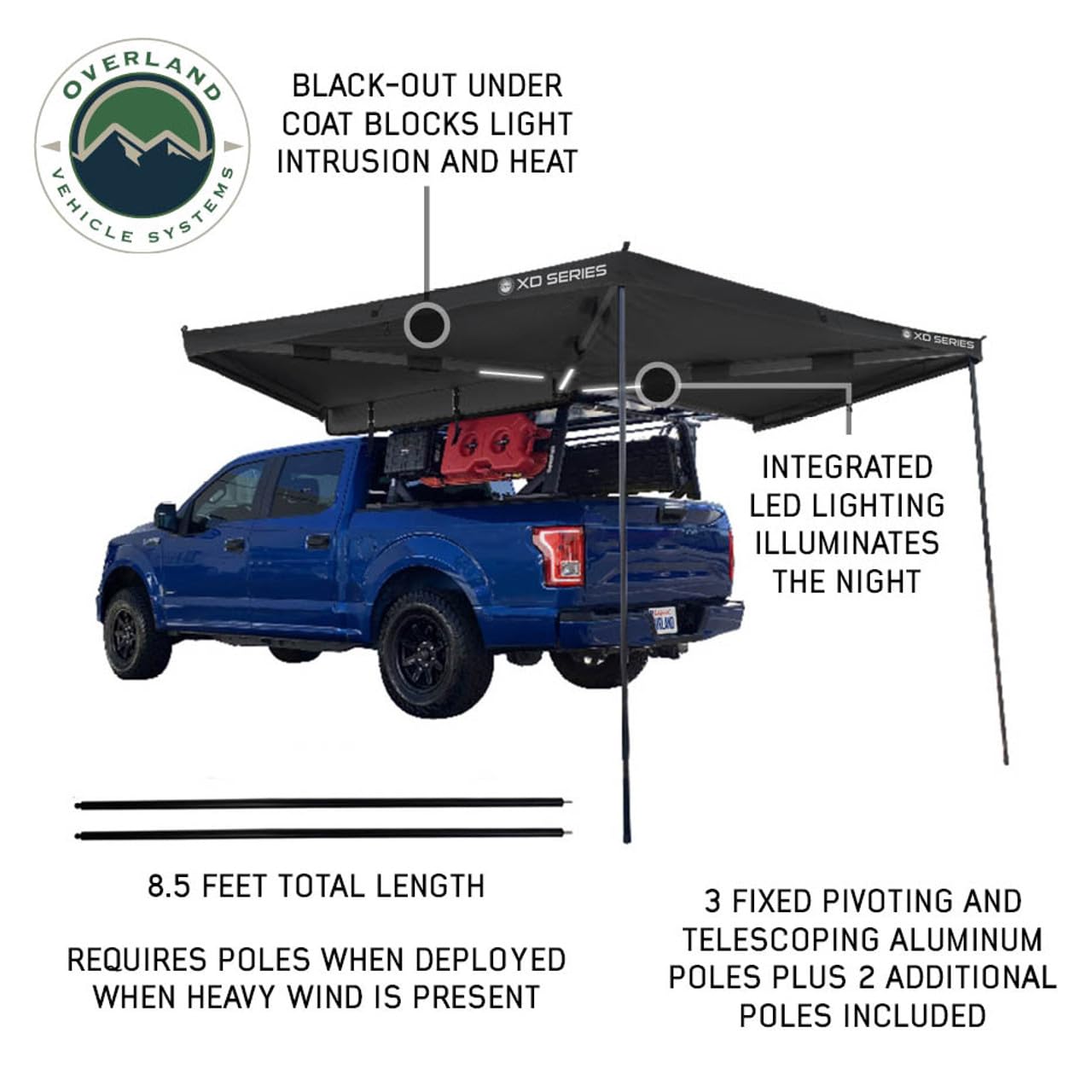 XD Nomadic 270 LT - Overland Vehicle Systems Awning w/Lights, Black Body, Black Trim W/Black Travel Bag, Passenger Side