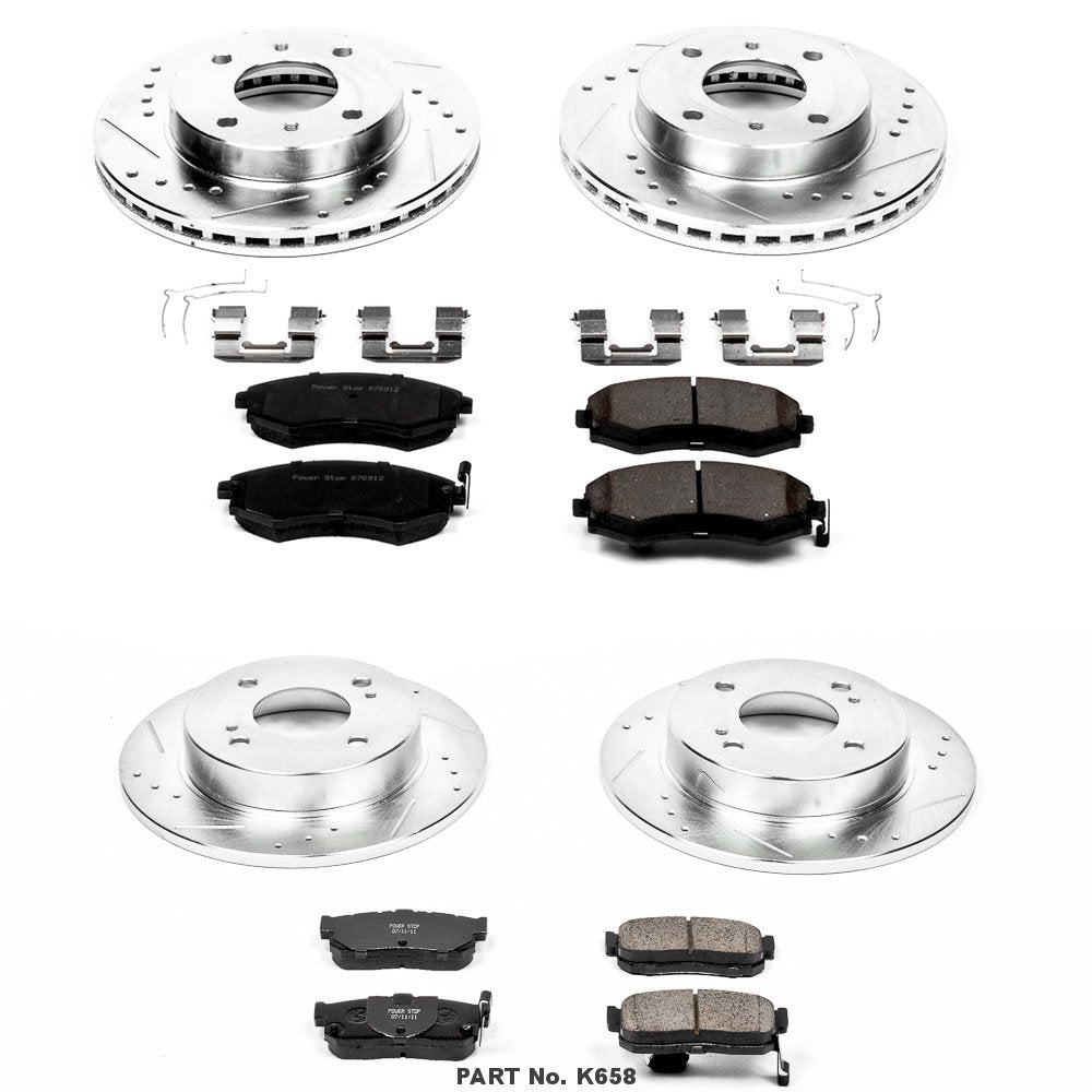 Power Stop K658 Z23 Carbon Fiber Brake Pads with Drilled & Slotted Brake Rotors Kit Front and Rear