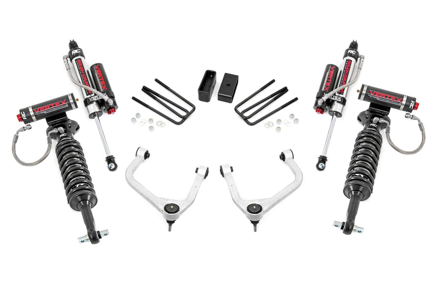 3.5" Rough Country Suspension Lift Kit with Vertex Coilovers & Vertex Shocks for GMC Sierra 1500 (2019-2024 w/Multi-Leaf Spring) - Silver Control Arms