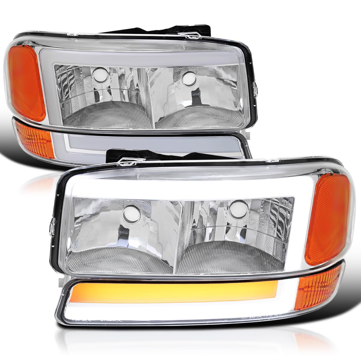 Chrome LED Tube Headlights + Sequential Bumper Lights SPEC-D TUNING Compatible with 1999-2006 GMC Sierra 1500/2500/3500
