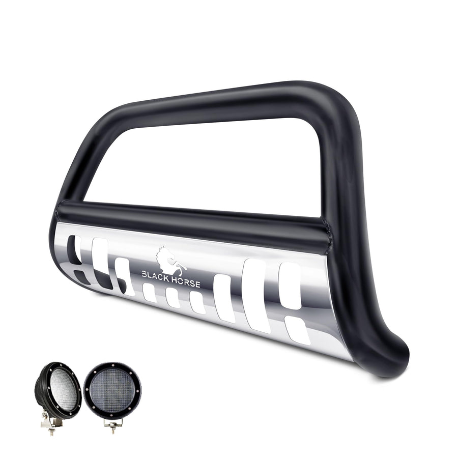 Bull Bar Black Horse Skid Plate Come with Pair of 5.3" Dia. LED Flood Lights with Black Trim Rings Compatible with 2008-2012 Nissan Pathfinder-CBBS-NIC6105SP-PLFB