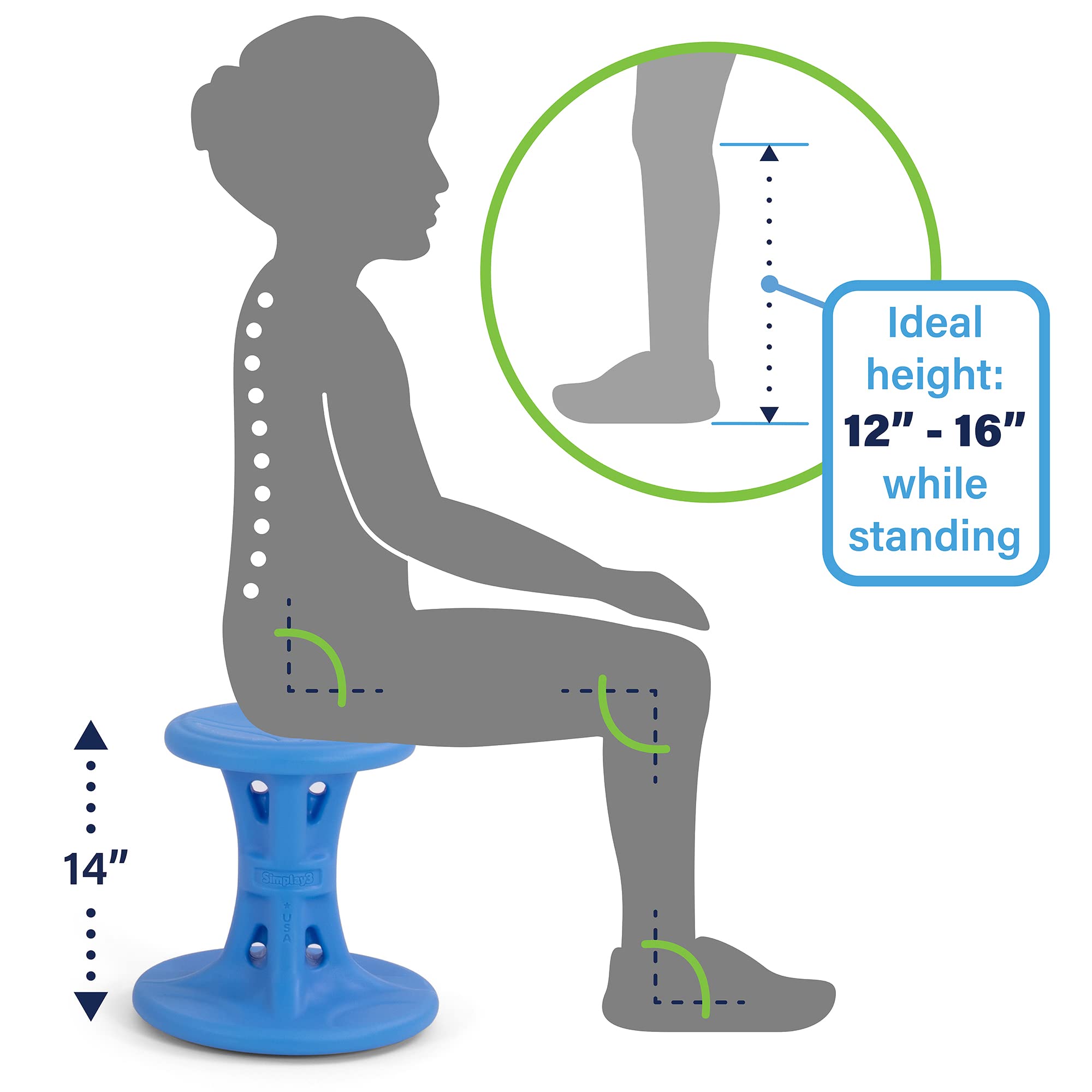 Simplay3 Wiggle/Wobble Play Around Kids Flexible Active Sitting Chair/Stool (Single Stool) to Improve Focus, Posture, Strengthen Core - Ages (5-8) 14 inch Blue - Made in The USA