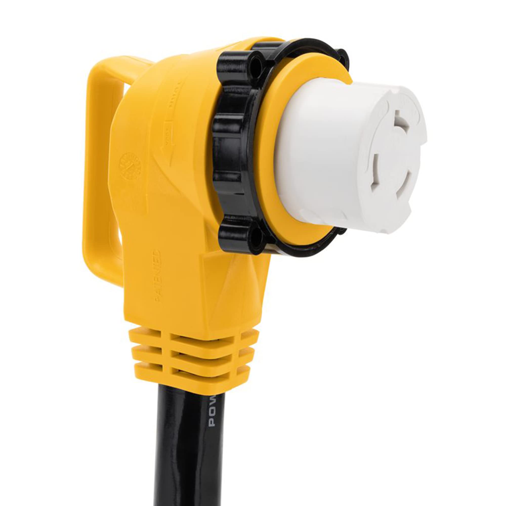 Camco 55572 50 AMP Locking Male/50 AMP Locking 90 Degree Female 18" PowerGrip Dogbone Electrical Adapter
