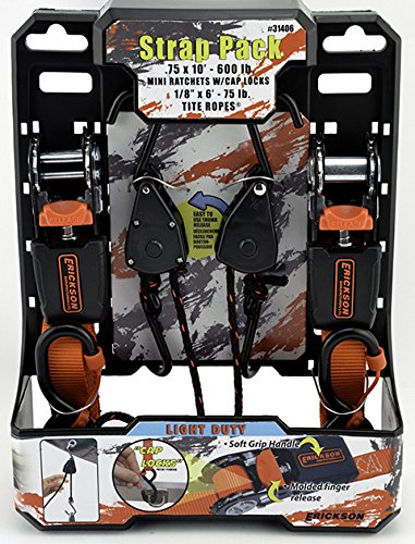 31406 Erickson Light Duty Combo (Pack Contains Two (2) 1/8" x6' Tite Ropes and Two (2) 3/4" x 10' Mini Ratchet Strap with Cap Locks), 4 Pack