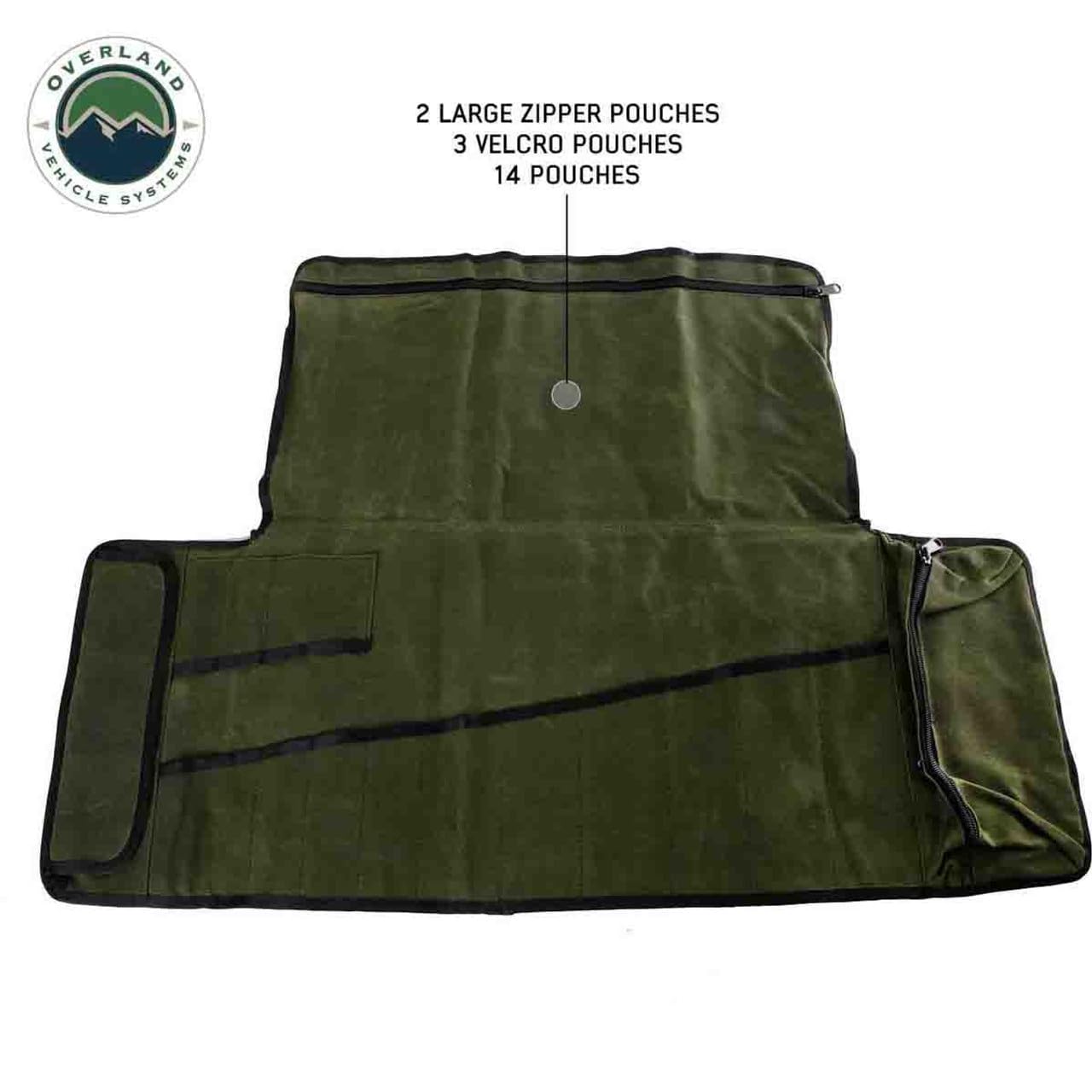 Overland Vehicle Systems General Tool Storage Bag Rolled - #16 Military Style Waxed Canvas - 19 Storage Pockets - Infused with Paraffin Wax Waterproofing