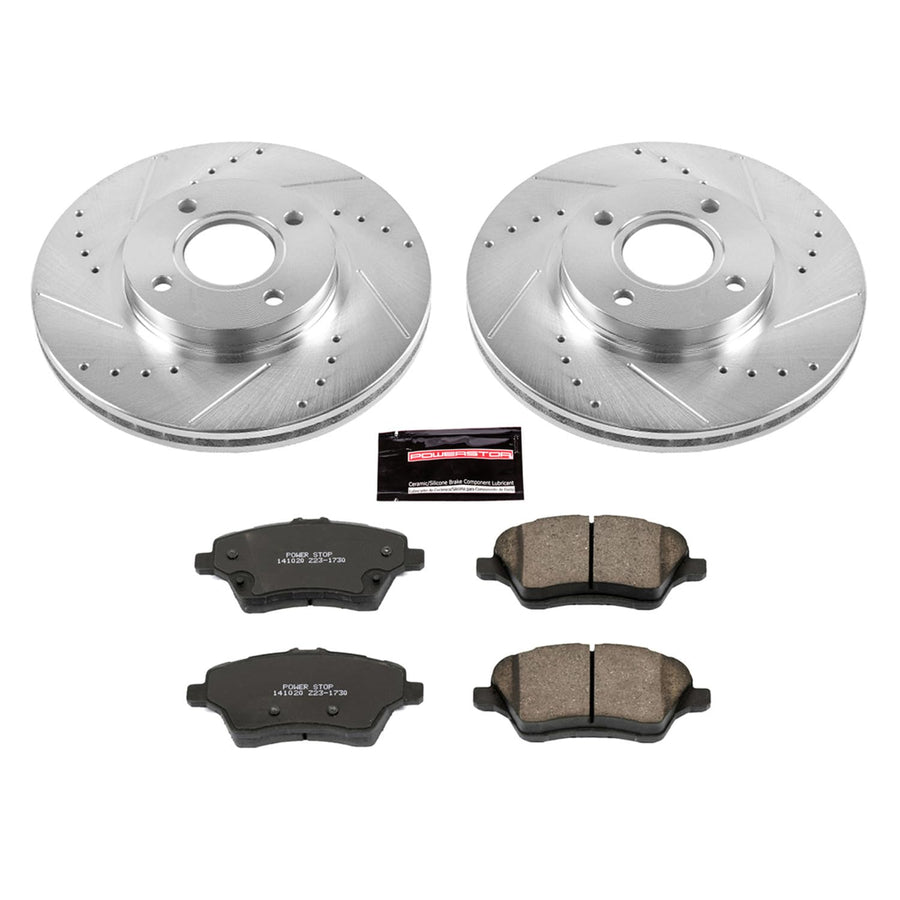 Power Stop K6818 Z23 Carbon Fiber Brake Pads Front with Drilled & Slotted Brake Rotors Kit For Ford Fiesta 2014-2019 [Model Specific]