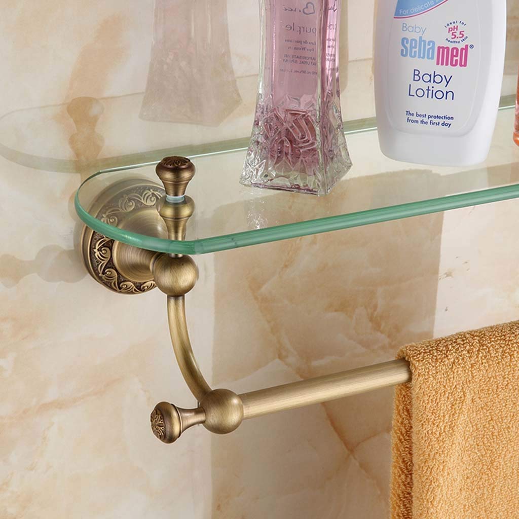Glass Bathroom Rack With Towel Bar Single deck, Blue And White Porcelain Design，Brass, Brushed, Antique Bathroom Cosmetic Storage Rack Bathroom Shelf