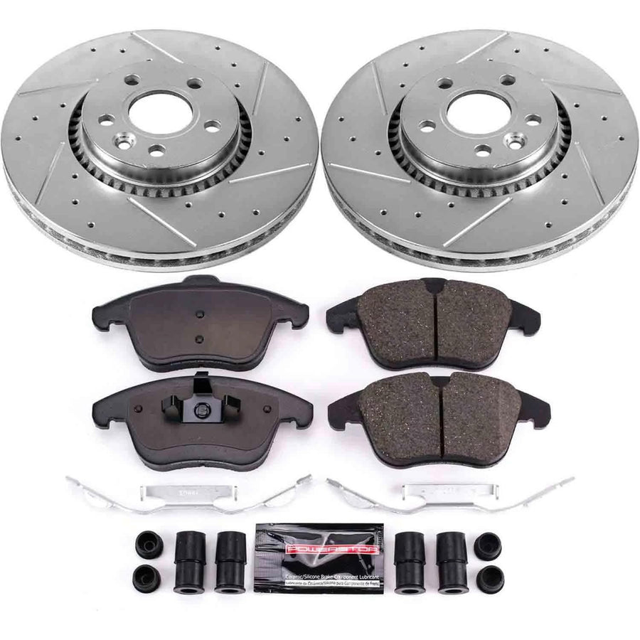 Power Stop K4701 Z23 Carbon Fiber Brake Pads Front with Drilled & Slotted Brake Rotors Kit For Land Rover LR2 2008-2015 [Model Specific]