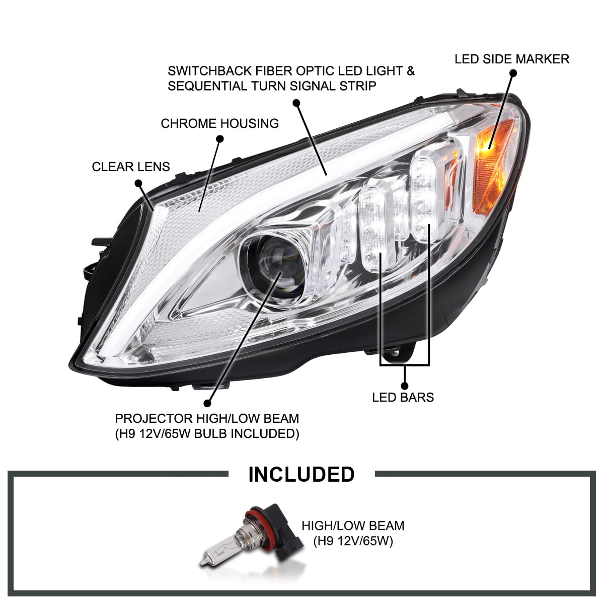 Chrome Projector Headlights SPEC-D TUNING w/Switchback LED Strips and Sequential Turn Signal Compatible with 2015-2018 Mercedes-Benz C-Class W205