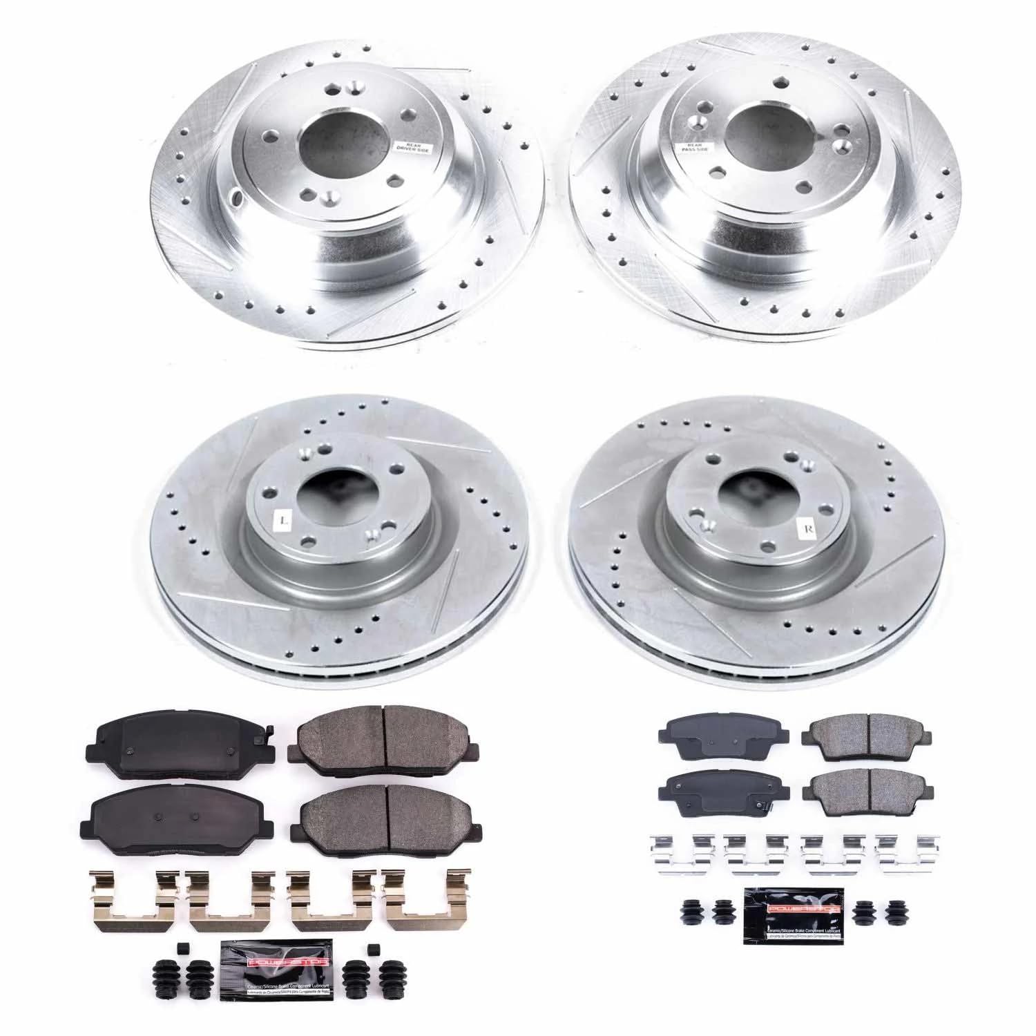Power Stop K5923 Z23 Carbon Fiber Brake Pads Front and Rear with Drilled & Slotted Brake Rotors Kit For Hyundai Genesis 2010-2011 [Model Specific]