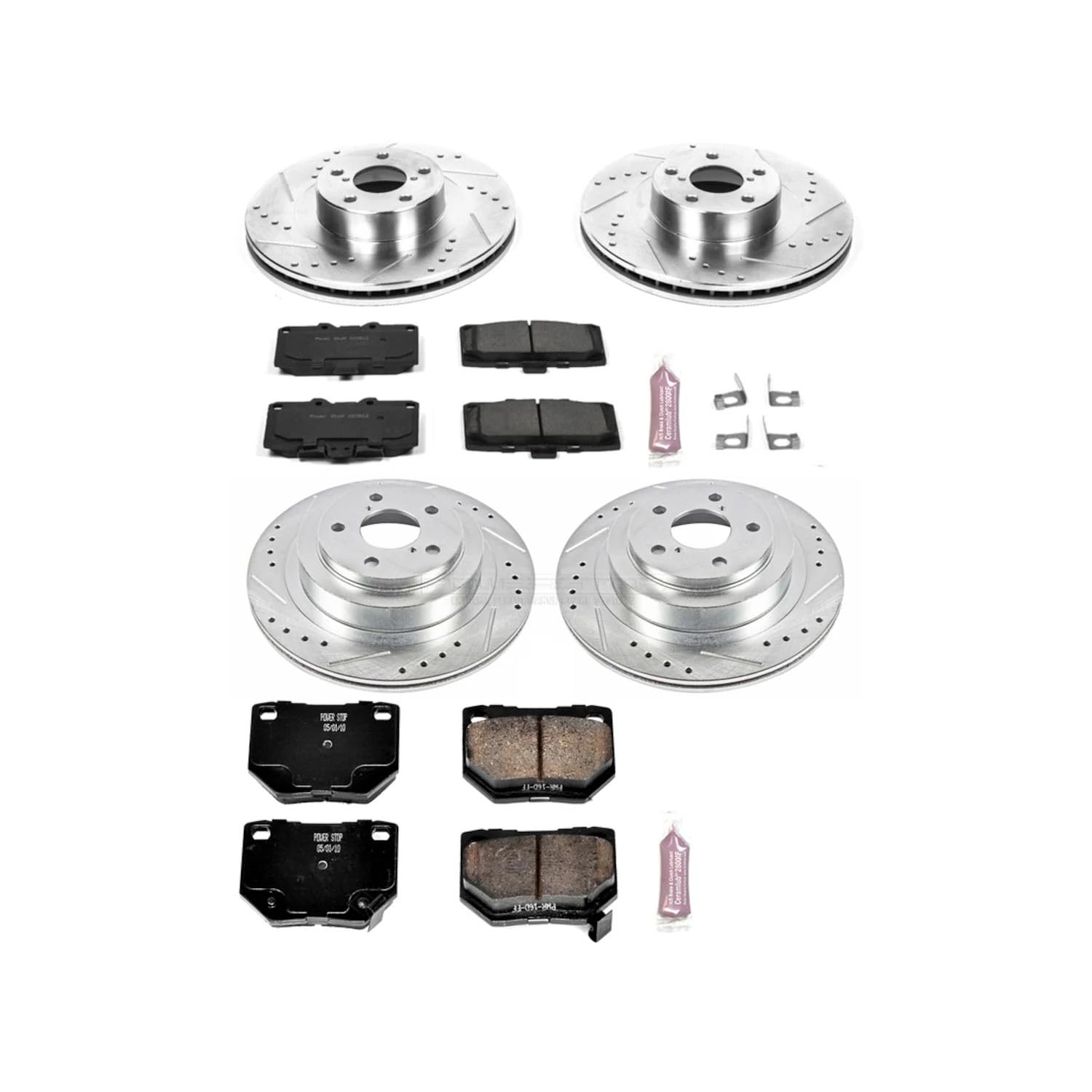 Power Stop K2368 Z23 Carbon Fiber Brake Pads Front and Rear with Drilled & Slotted Brake Rotors Kit For Subaru Impreza 2006-2007 [Model Specific]