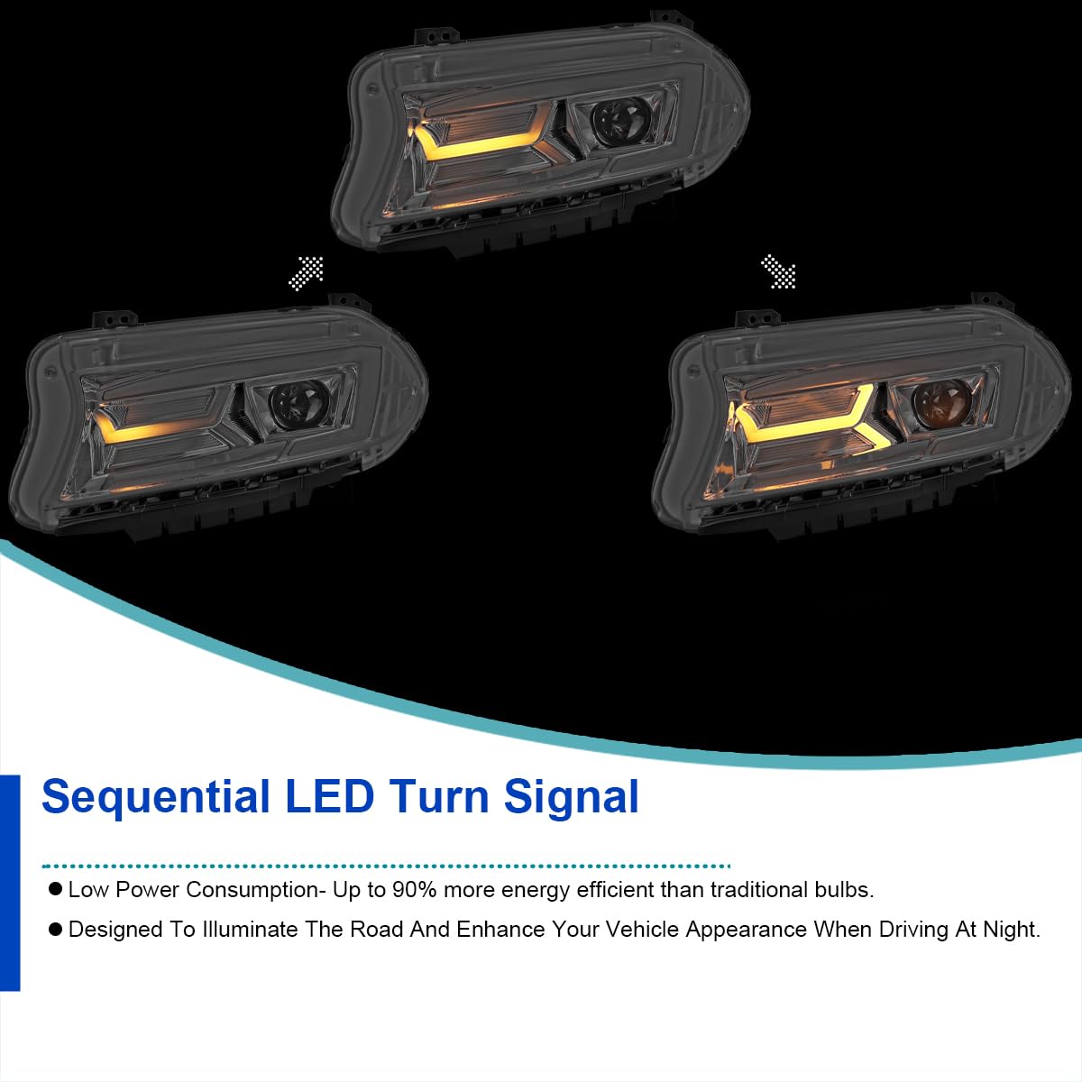 Chrome LED Projector Headlights w/Sequential Turn Signal SPEC-D TUNING Compatible with 2015-2023 Dodge Charger with factory halogen headlights